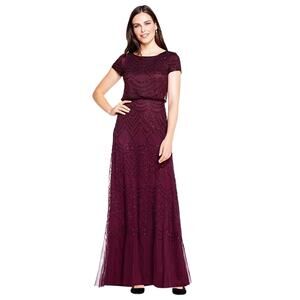 Adrianna Papell Beaded Sheer Overlay Evening Gown Cassis Wine Burgundy Women’s 6